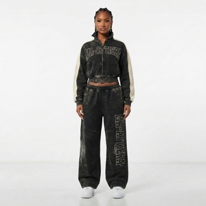 Conjunto de chándal de dos piezas para mujer: Chaqueta corta con cremallera y lavado ácido y pantalones de chándal de pierna ancha - Product Image 1