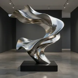 Sculpture abstraite en acier inoxydable poli moderne, art décoratif extérieur pour hôtel, place publique, jardin, entrée commerciale, 3D - Product Image 3