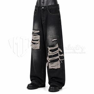 Jeans noirs déchirés pour homme, coupe large, style streetwear, patchwork, coupe ample - Product Image 3