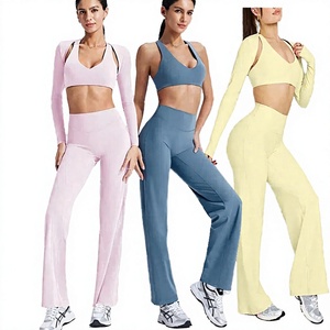 Ensemble de yoga 2 pièces pour femme : haut court à manches longues et pantalon évasé taille haute, couleur unie, respirant, en spandex et polyester, tenue de fitness - Product Image 4