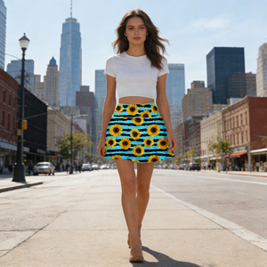 Oferta especial en Temu |   Minifalda con estampado de girasoles para mujer, falda acampanada a rayas turquesa y negra, falda de moda para fiestas en la playa y vacaciones - Product Image 1
