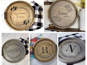 Nouveauté : Plateau rond en bois personnalisé fait main : Plateau de table basse ottoman gravé sur mesure - Product Image 4