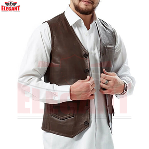 Classic <b>Mens</b> <b>Brown</b> Leather <b>Waistcoat</b> with Front Button Fastening Chest Welt Pocket Dual Flap Pockets Elegant Tailoring and OEM - Product Image 3