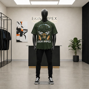EKIN IMPEX Men's Oversized <b>Skull</b> Print T-Shirt Punk Style Short Sleeve Casual Shirt Green Distressed Hem Studs Front Logo - Product Image 3