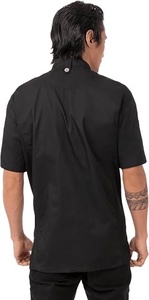 Veste de chef noire à manches courtes pour homme, fermeture à boutons, 100 % polyester, uniforme de restaurant et de bar, tissu tissé - Product Image 2