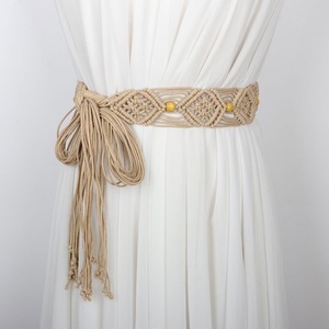 Ceinture bohème tricotée en corde tressée avec perles en bois et pompon, accessoire pour robe et jupe - Product Image 1