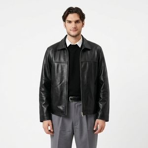 Veste en cuir véritable noir pour homme de haute qualité, fermeture éclair, col rabattu, style motard décontracté, fabriquée au Pakistan - Product Image 1