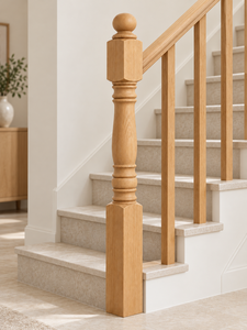 Poste de Escalera de Madera de Roble Macizo Natural con Base Cuadrada y Remate Esférico, Columna Torneada para Proyectos de Barandillas de Escaleras Residenciales - Product Image 4