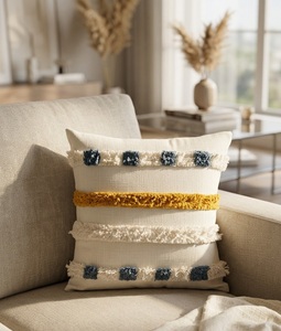 Housse de coussin anti-acariens en coton, motif géométrique abstrait indien fait main, blanc et bleu, style bohème, avec fermeture éclair, pour la maison et les chambres d'hôtel - Product Image 3