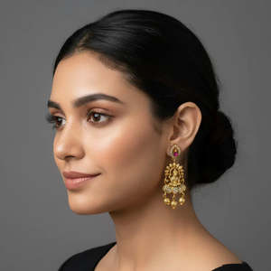 Nakshi Gold Plated Chandelier Earrings with Freshwater Pearls Oxidized Polish Finish Indian Style - Product Image 2