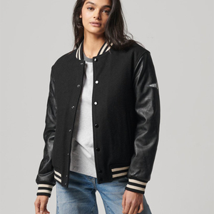 แจ็คเก็ตหนังเบสบอลแบบ Letterman สีดำสั่งทำพิเศษสำหรับผู้หญิง ขายดีที่สุด - Product Image 3