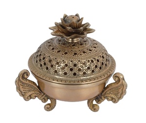 เตาเผากำยานทองเหลืองโบราณ ฝาปิดแกะสลักลายขา |   เตาเผาธูปโลบันสำหรับตกแต่ง |   ที่ใส่เครื่องหอมบ้านสไตล์วินเทจสำหรับฤดูร้อน - Product Image 1