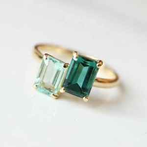 Emerald And Aquamarine Engagement Ring Two Stone Antique Engagement Ring 925 Silver 14k <b>Gold</b> Plated Gift - Product Image 5