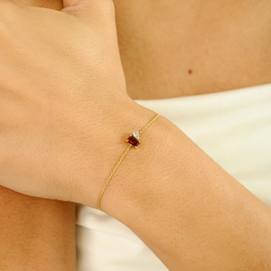 Diseño minimalista y sencillo, ligero, con granate y diamante, oro amarillo puro de 14K, pulsera Toi et Moi, joyería delicada apilable para unisex. - Product Image 2