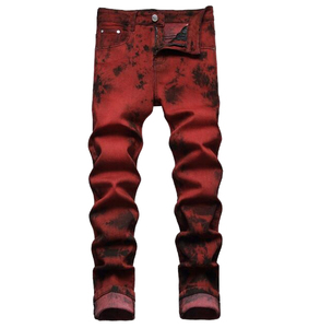 Jeans de mezclilla para hombre, corte slim, color rojo deslavado, de algodón recubierto, peso medio, estilo casual de pierna recta con efecto teñido por inmersión. - Product Image 2