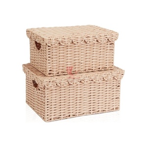Boîte de rangement rectangulaire en faux rotin tressé avec couvercle, 2 niveaux, pour l'organisation des articles divers, design classique - Product Image 1