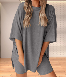 Conjunto de 2 Piezas para Mujer, Shorts y Camiseta de Cuello Redondo, Color Sólido, Corte Holgado, Manga Corta, Algodón, Estilo Casual de Verano con Bolsillo - Product Image 6