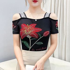 Robe Courte Femme Respirante à Manches Courtes, Coupe Ajustée, Motif Cœur Floral, Strass et Paillettes Brillantes, Sexy, Printemps/Été, pour Soirée en Boîte de Nuit - Product Image 4