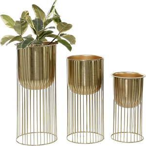 Juego de 3 macetas metálicas para interiores y exteriores, color oro satinado, decoración moderna con estilo de maceta dorada, juego de 3 macetas metálicas para plantas de interior. - Product Image 3