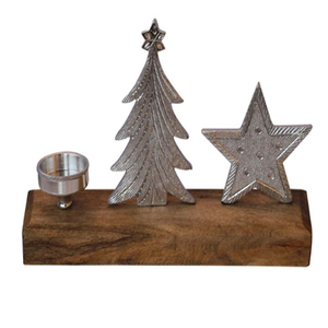 Porte-bougie en aluminium en forme d'ange avec étoile, pour bougie chauffe-plat de Noël, avec base en bois de manguier, hauteur 12 pouces - Product Image 6