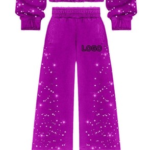 Girls <b>Purple</b> <b>Glitter</b> Tracksuit Set Hooded Zipper Jacket Pants Casual Loose Fit Full Sleeve Dot Pattern Autumn Wear Mens Rhines. - Product Image 4