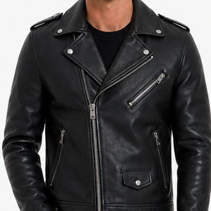 Veste moto en cuir véritable noir pour homme, col rabattu, fermeture éclair, coupe ajustée, longueur normale, couleur unie, style automne - Product Image 2