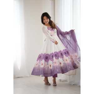 Robe Anarkali en Organza à Imprimé Floral, Coupe A-Line, Taille Empire, Col Rond, avec Superposition Transparente, pour Soirée, Taille XS, Look Éblouissant - Product Image 2