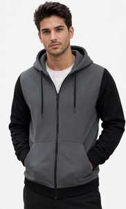 Men's Grey <b>Black</b> Color Block <b>Zip</b> <b>Up</b> <b>Hoodie</b> Raglan Sleeve Hooded Casual Sweatshirt - Product Image 1