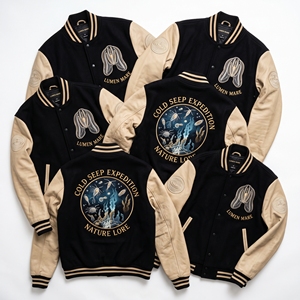 Chaqueta universitaria al por mayor, cuerpo de lana negra, mangas de cuero marrón óxido, Trench Survey Abyssal Realm Hadal Zone Anglerfish Letterman - Product Image 4