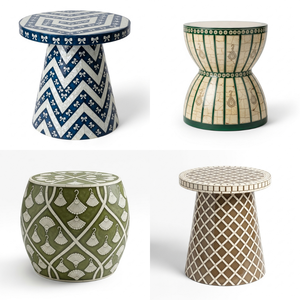 Table d'appoint ronde artisanale en os incrusté – Table d'appoint motif lotus ivoire, tabouret décoratif de luxe pour salon et chambre - Product Image 6