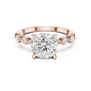 Anillo de Compromiso de Diamante Cultivado en Laboratorio, Corte Redondo, Oro Rosa, con Piedras Laterales Marquise y Baguette, Anillo de Boda - Product Image 4