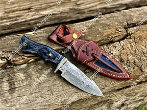 มีดล่าสัตว์เหล็กดามัสกัส ใบมีดคงที่ ด้ามไม้ปักก้า ปลอกหนัง ทำมือ สำหรับตั้งแคมป์กลางแจ้ง ปลายใบมีดแบบดรอปพอยต์ รับผลิตตามแบบ OEM - Product Image 2