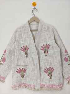 Chaqueta Bomber Clásica de Algodón con Estampado Artesanal, Reversible, Ecológica, Transpirable, Diseño Floral Bohemio para Invierno, Corta - Product Image 4