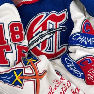 Varsity Jacket Men's Blue White Embroidered Patchwork Baseball Champions 78-79 Vintage Letterman Jacket - Product Image 4