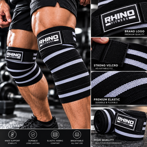 RHINO FITNESS Nylon Knee <b>Wraps</b> Stabilizer Breathable Hook Loop Strap Leg Support Swelling Unisex Black <b>White</b> - Product Image 5
