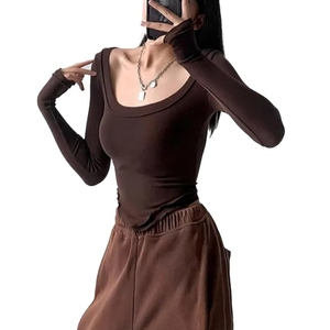 Top corto ajustado de manga larga con cuello en U para mujer, tejido acanalado liso, ropa informal de calle, tops de estilo Y2K a la moda para mujer - Product Image 2