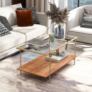 2 Tiers <b>Rectangle</b> Glass <b>Coffee</b> <b>Table</b> with White and Gold Steel Frame for Living Room - Product Image 3