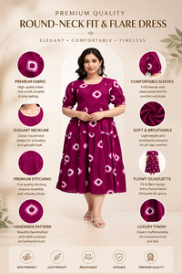 Magenta Solid Eco-Friendly Vintage Floor-Length Dress Short Sleeve Cotton Bohemian Neck Fit and Flare Plus Size Party Wear - Product Image 4