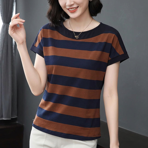 <b>Women's</b> Striped Crew Neck Short Sleeve T-Shirt Regular Fit Casual Knitted Cotton Top Anti-Shrink Logo 180g Spring Summer - Product Image 6