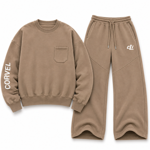 เสื้อสเวตเชิ้ตคอกลม Urban Utility Pocket พร้อมกางเกงขายาวทรงโค้ง แบรนด์สั่งทำพิเศษ ผ้าคอตตอนหนา GSM เสื้อฮู้ดดี้โอเวอร์ไซส์สีพื้น ชุดเซ็ตสีเดียว - Product Image 4