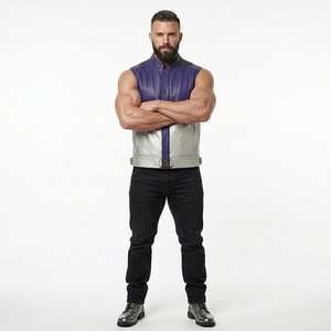 <b>Men's</b> Purple Grey Color Block Synthetic Leather Biker Vest Stand Collar Adjustable <b>Belt</b> Waist - Product Image 3