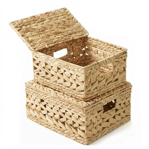 Handwoven Water Hyacinth Storage Basket Rectangle <b>Bin</b> Lid Foldable Organizer for Clothing Home Bathroom <b>Kitchen</b> Office 3-6L - Product Image 1