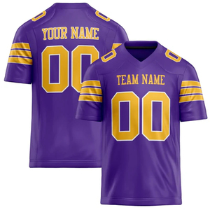 Maillot de football américain personnalisé violet et or, col en V, manches courtes, impression sublimée, polyester respirant, vêtements d'équipe pour hommes - Product Image 2