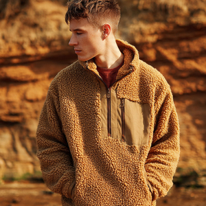 Veste Sherpa surdimensionnée à demi-zip en laine 100% avec poche, épaisse, coupe-vent, écologique, pour homme, veste en polaire Sherpa pour l'hiver - Product Image 1