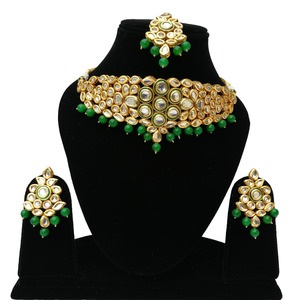 Indian Classic Women's Choker Wedding Engagement Anniversary Party Green Traditional Crystal Kundan Faux Pearl Alloy Gold <b>Gift</b> - Product Image 1