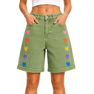 Short en jean décontracté pour femme, taille haute, coupe ample, ourlet retroussé, en coton, brodé cœur arc-en-ciel vert olive personnalisé, idéal pour l'été - Product Image 1