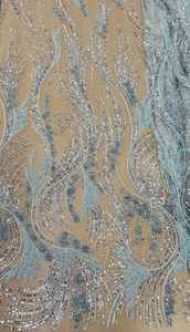 Tela con Cuentas Amarillas con Patrón de Hojas y Plumas, con Lentejuelas y Perlas Bordadas, Malla de Encaje para Diseño de Moda de Pasarela, Manualidades - Product Image 2