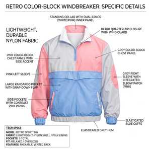 Wholesale Custom Logo Retro 80s Color Block Windbreaker <b>Jacket</b> <b>Men</b> Lightweight Nylon Waterproof Pullover Anorak Streetwear Track - Product Image 5