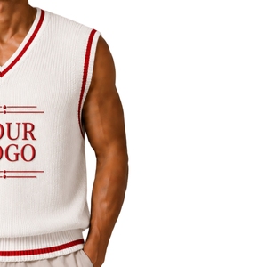 <b>Mens</b> <b>White</b> With Red Contrast Stripe Summer Knit Sweater <b>Vest</b> V Neck Sleeveless Pullover Custom Logo Wool Acrylic OEM Wholesale - Product Image 4