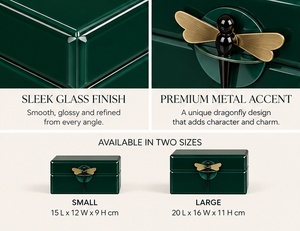 Coffret de rangement pour bijoux en verre vert émeraude avec poignée libellule noire, finition brillante, doublure douce, organisateur décoratif pour souvenirs - Product Image 2